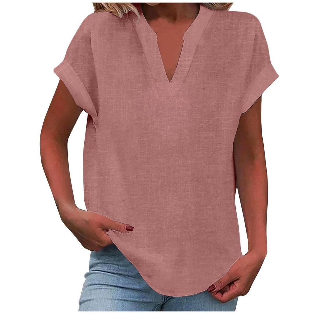 Damen V-Ausschnitt Bluse Relaxed Fit Kurzarm - Pink