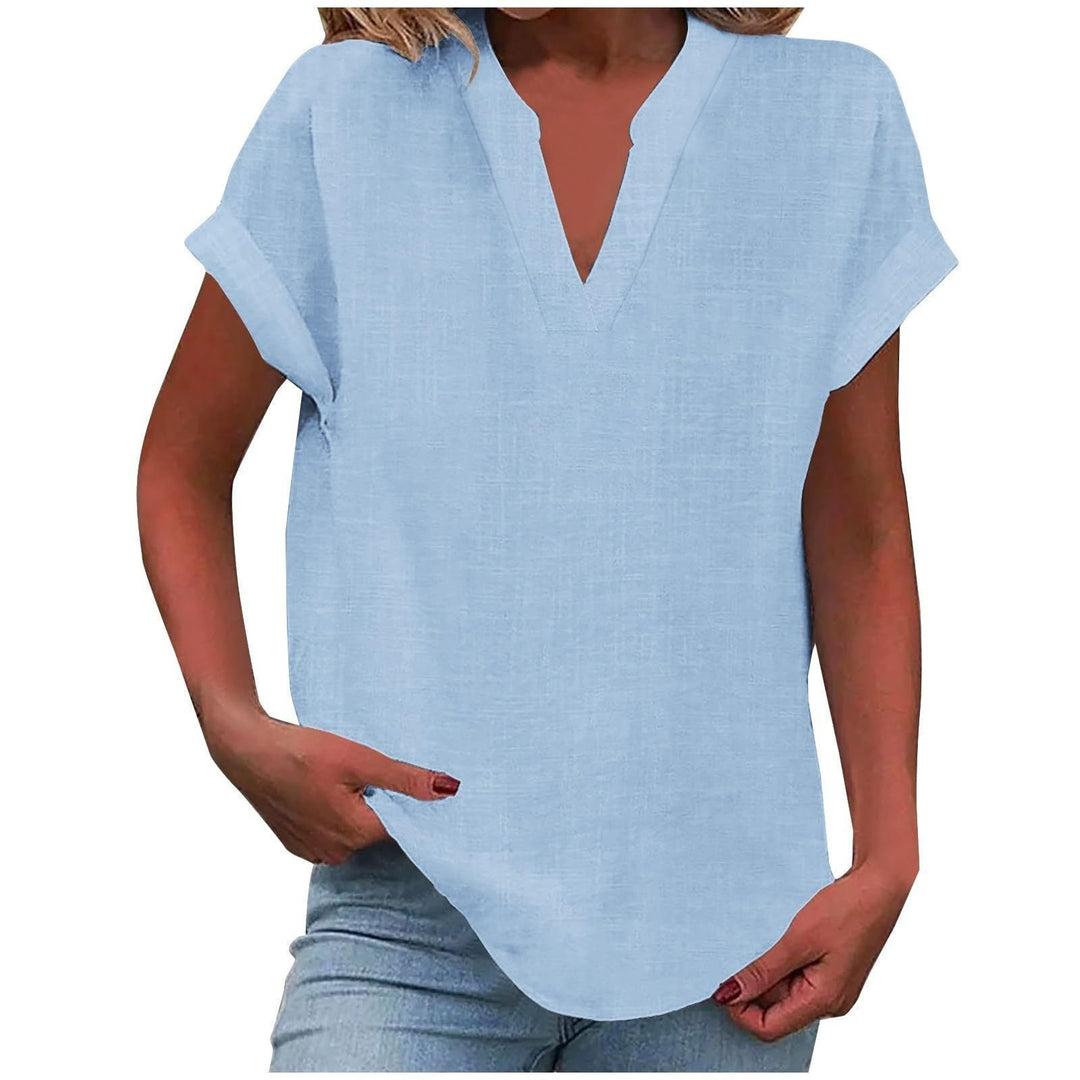 Damen V-Ausschnitt Bluse Relaxed Fit Kurzarm - Sky Blue