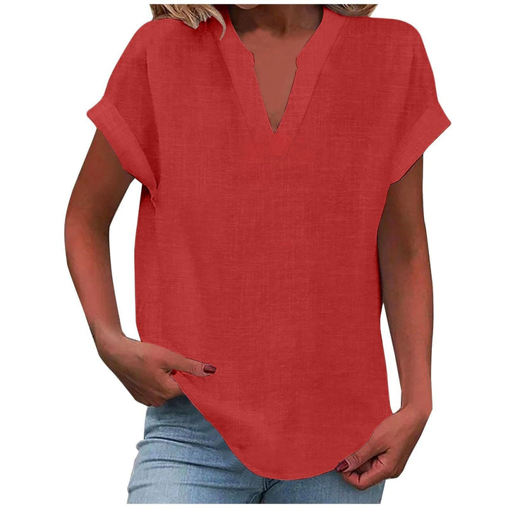 Damen V-Ausschnitt Bluse Relaxed Fit Kurzarm - Red