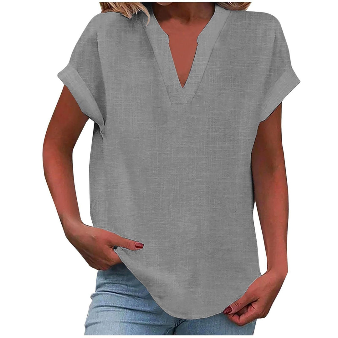 Damen V-Ausschnitt Bluse Relaxed Fit Kurzarm - Light Grey