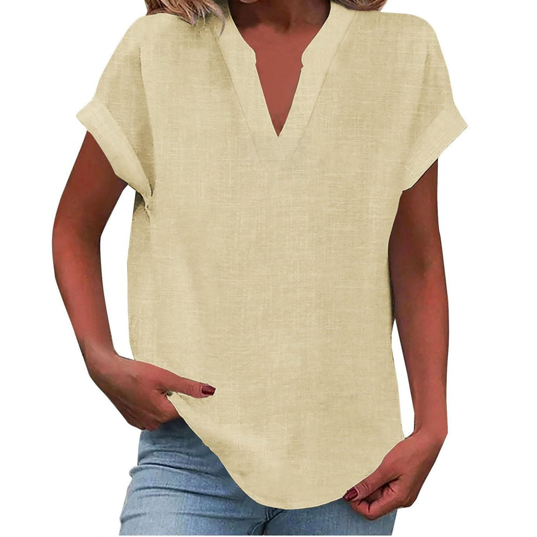 Damen V-Ausschnitt Bluse Relaxed Fit Kurzarm - Beige