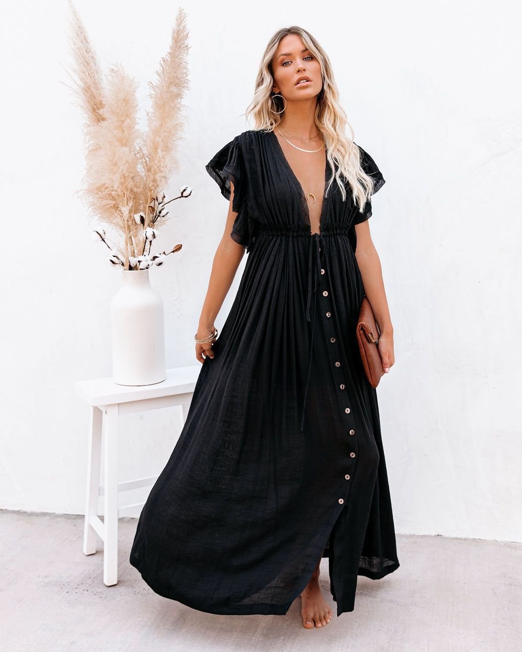 Damen V-Ausschnitt Knopfleisten Maxi-Kleid mit Kurzarm - Black