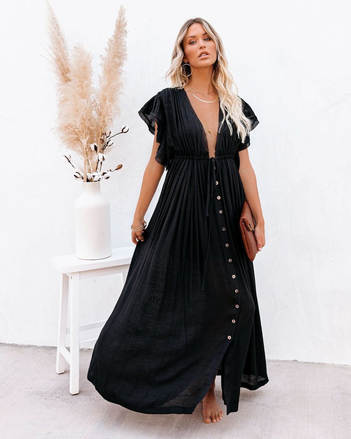 Damen V-Ausschnitt Knopfleisten Maxi-Kleid mit Kurzarm - Black