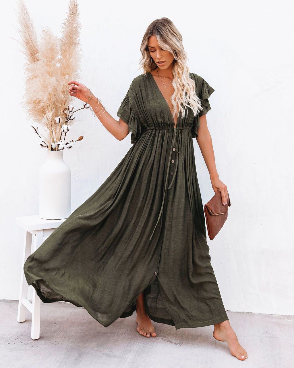 Damen V-Ausschnitt Knopfleisten Maxi-Kleid mit Kurzarm - Army Green