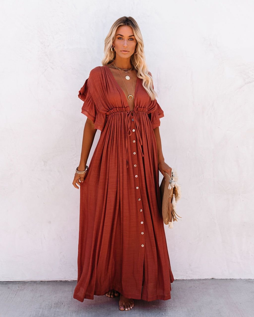 Damen V-Ausschnitt Knopfleisten Maxi-Kleid mit Kurzarm - Rust
