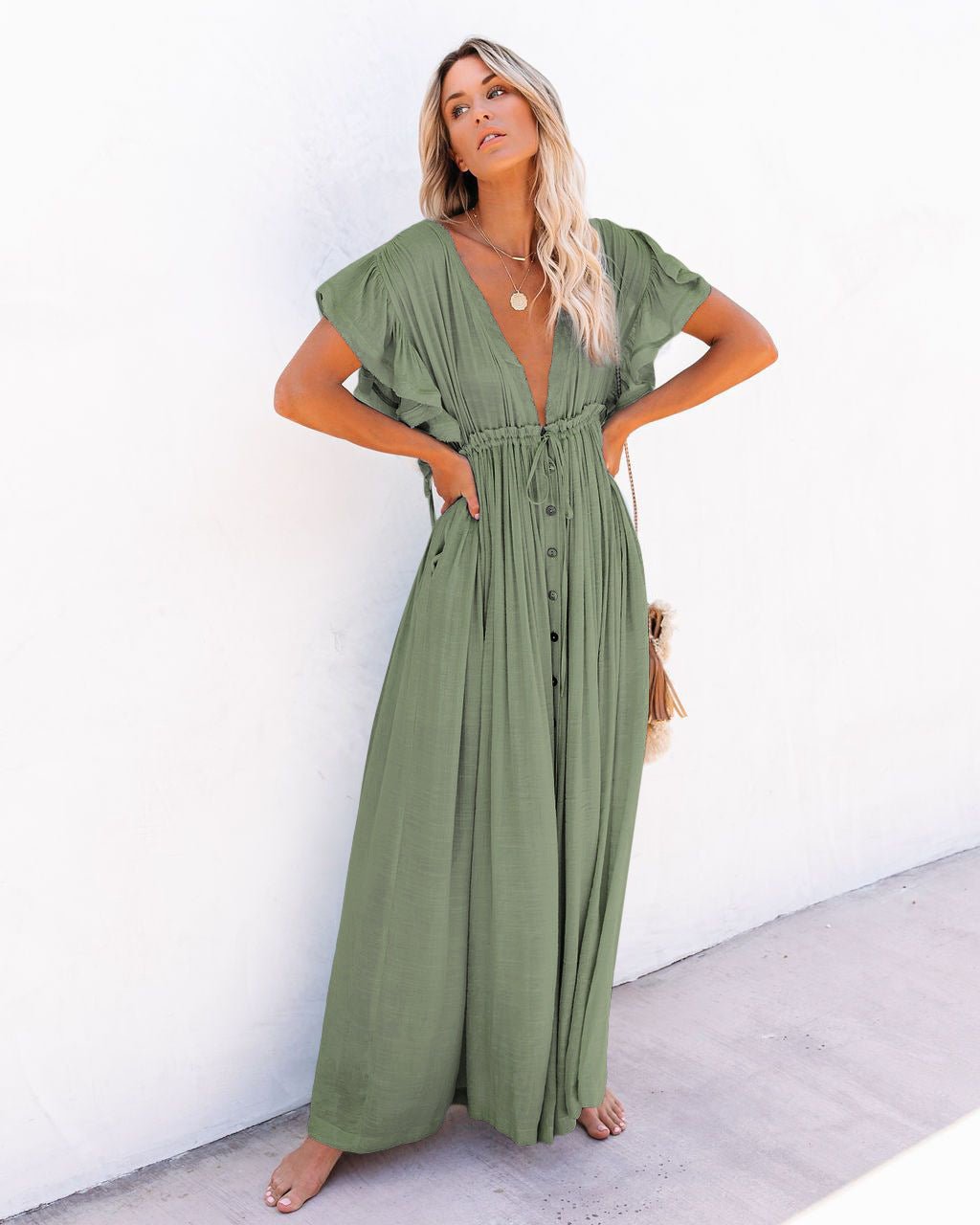 Damen V-Ausschnitt Knopfleisten Maxi-Kleid mit Kurzarm - Light Green