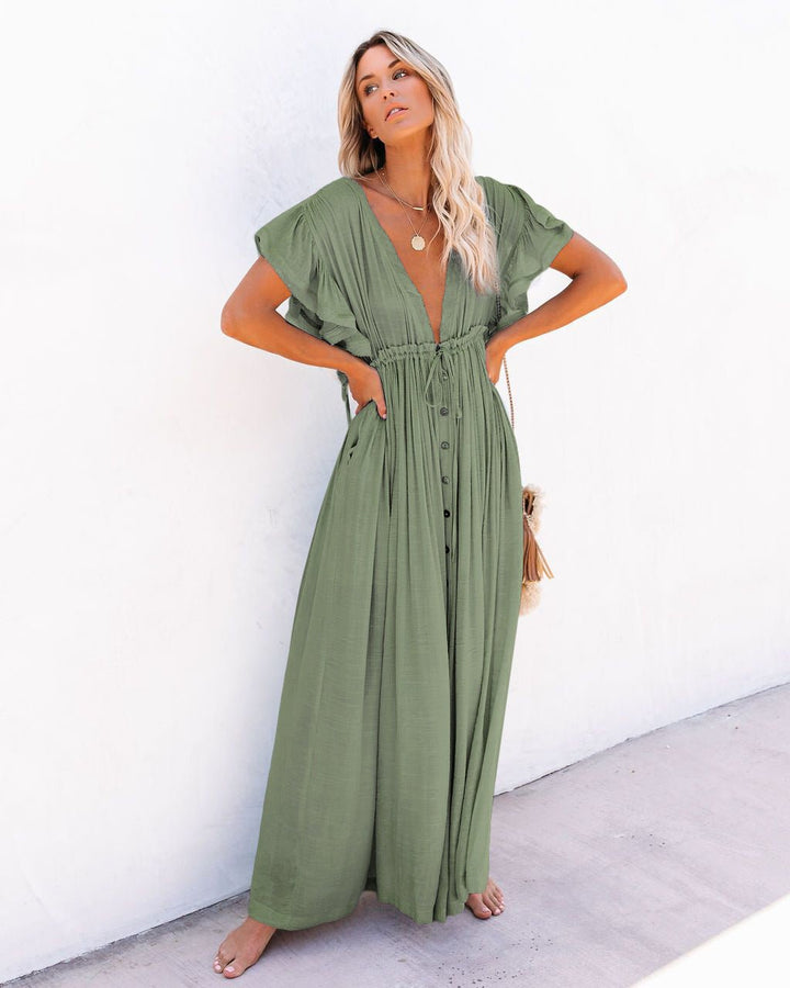 Damen V-Ausschnitt Knopfleisten Maxi-Kleid mit Kurzarm - Light Green