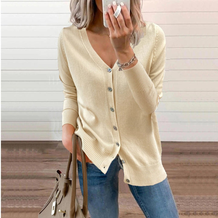 Damen V-Ausschnitt Strickjacke Cardigan mit Knopfleiste - Beige