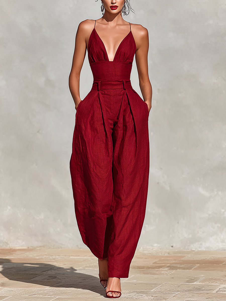 Damen Weites Leinen Trägerkleid Hohe Taille V-Ausschnitt - Red