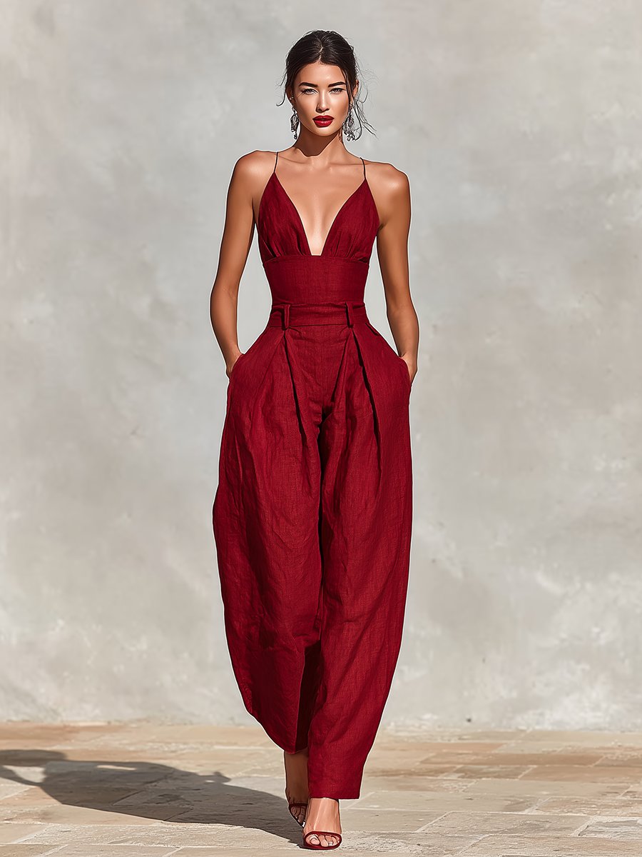 Damen Weites Leinen Trägerkleid Hohe Taille V-Ausschnitt