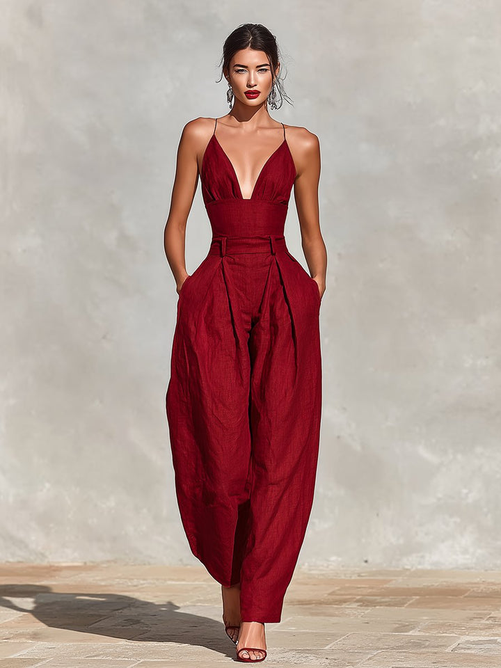Damen Weites Leinen Trägerkleid Hohe Taille V-Ausschnitt