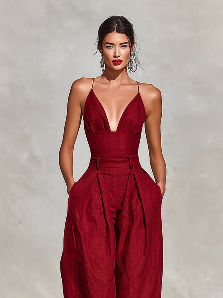 Damen Weites Leinen Trägerkleid Hohe Taille V-Ausschnitt