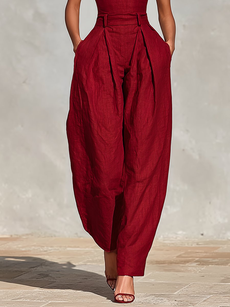 Damen Weites Leinen Trägerkleid Hohe Taille V-Ausschnitt