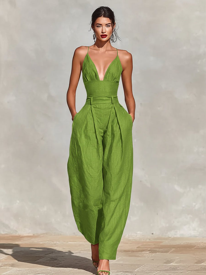 Damen Weites Leinen Trägerkleid Hohe Taille V-Ausschnitt - Green