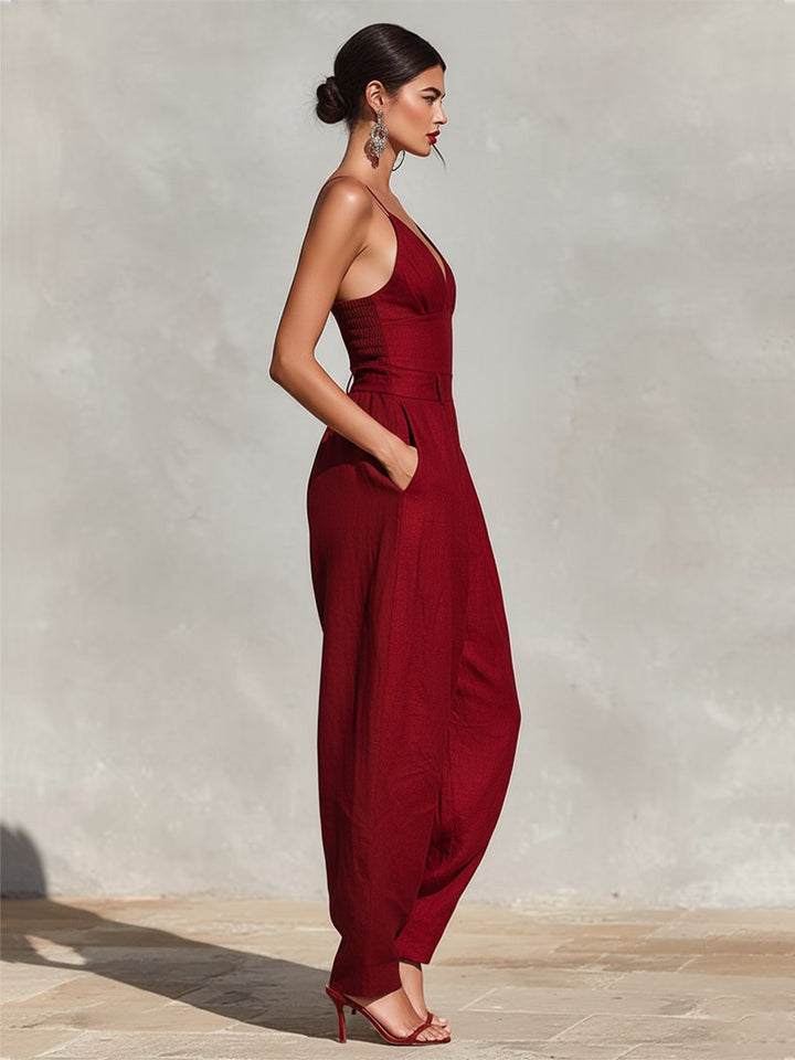 Damen Weites Leinen Trägerkleid Hohe Taille V-Ausschnitt