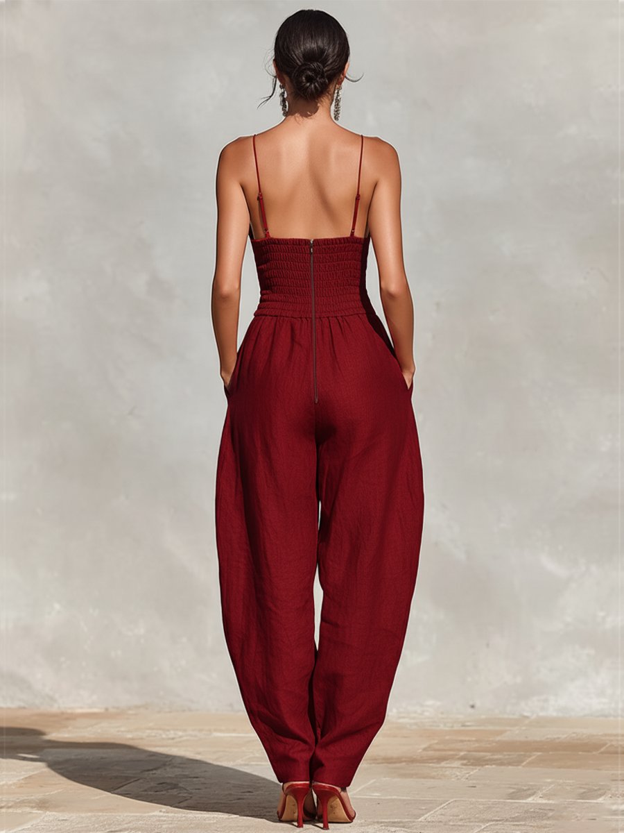 Damen Weites Leinen Trägerkleid Hohe Taille V-Ausschnitt