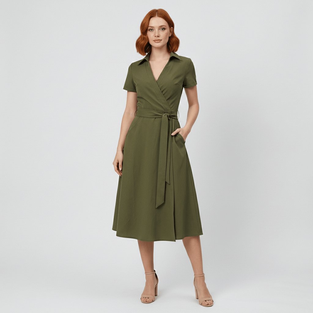 Damen Wickel-Midi-Kleid V-Ausschnitt Kurzarm A-Linie Bindegürtel - Olive Green