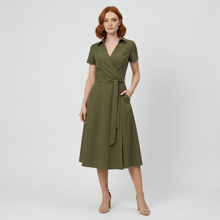 Damen Wickel-Midi-Kleid V-Ausschnitt Kurzarm A-Linie Bindegürtel - Olive Green