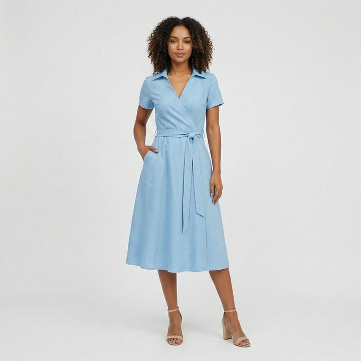 Damen Wickel-Midi-Kleid V-Ausschnitt Kurzarm A-Linie Bindegürtel - Sky Blue