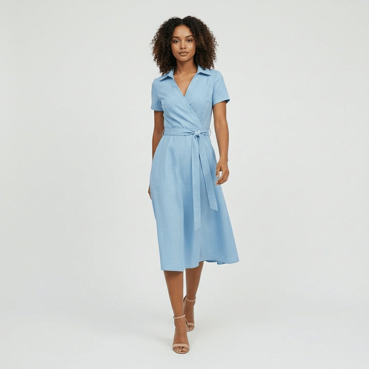 Damen Wickel-Midi-Kleid V-Ausschnitt Kurzarm A-Linie Bindegürtel