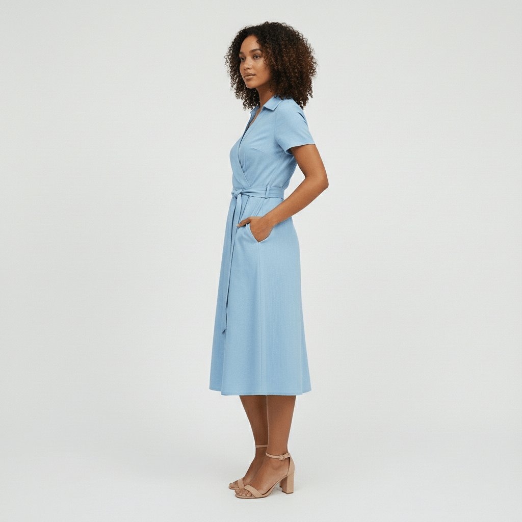 Damen Wickel-Midi-Kleid V-Ausschnitt Kurzarm A-Linie Bindegürtel