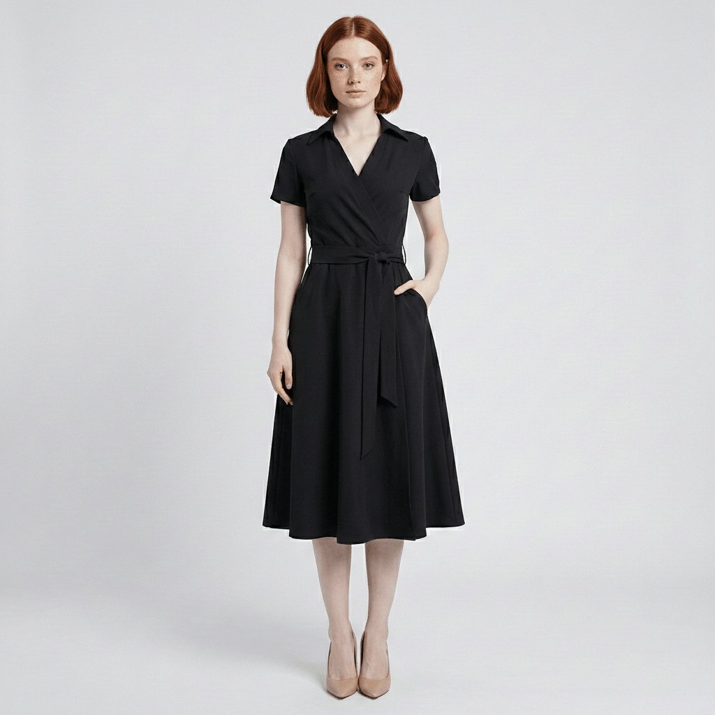Damen Wickel-Midi-Kleid V-Ausschnitt Kurzarm A-Linie Bindegürtel - Deep Black