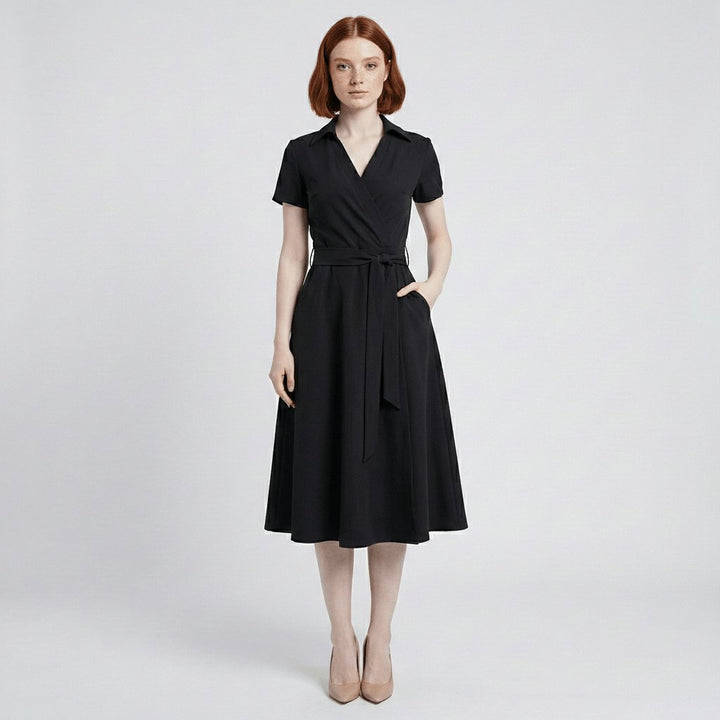 Damen Wickel-Midi-Kleid V-Ausschnitt Kurzarm A-Linie Bindegürtel - Deep Black
