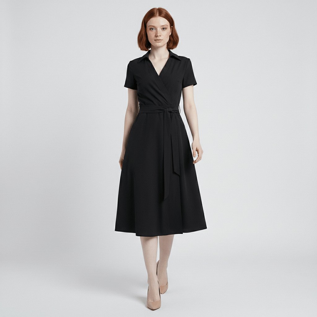 Damen Wickel-Midi-Kleid V-Ausschnitt Kurzarm A-Linie Bindegürtel