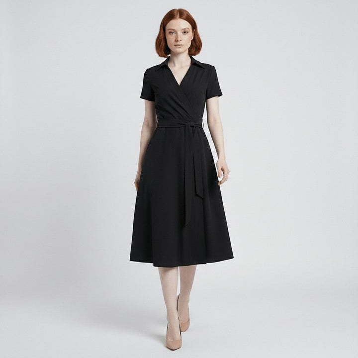 Damen Wickel-Midi-Kleid V-Ausschnitt Kurzarm A-Linie Bindegürtel