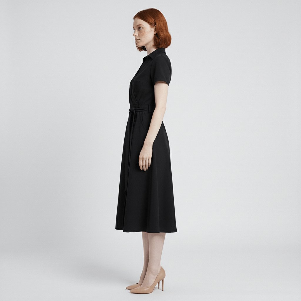 Damen Wickel-Midi-Kleid V-Ausschnitt Kurzarm A-Linie Bindegürtel