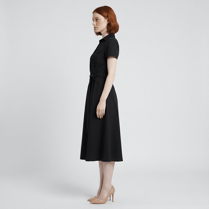 Damen Wickel-Midi-Kleid V-Ausschnitt Kurzarm A-Linie Bindegürtel
