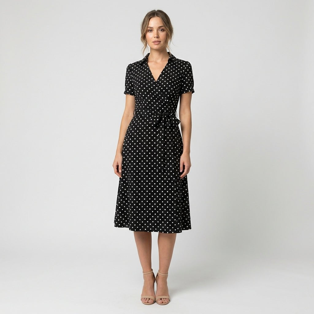 Damen Wickel-Midi-Kleid V-Ausschnitt Kurzarm A-Linie Bindegürtel - Spotty Multicolour