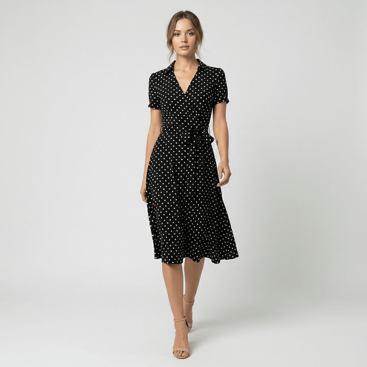 Damen Wickel-Midi-Kleid V-Ausschnitt Kurzarm A-Linie Bindegürtel