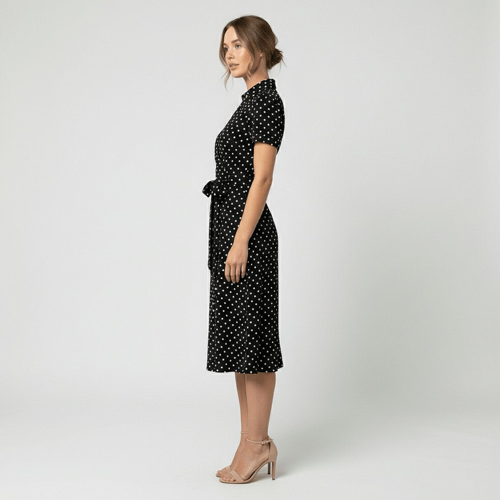 Damen Wickel-Midi-Kleid V-Ausschnitt Kurzarm A-Linie Bindegürtel