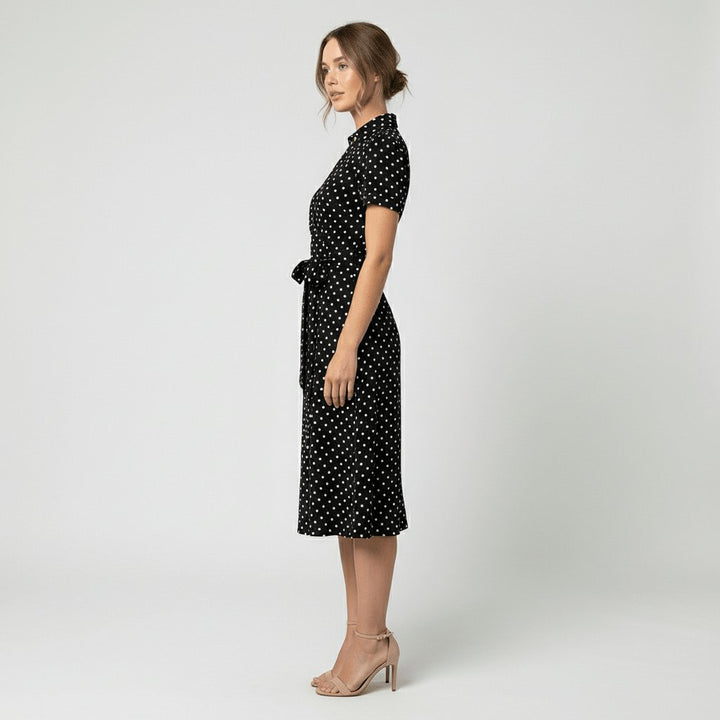 Damen Wickel-Midi-Kleid V-Ausschnitt Kurzarm A-Linie Bindegürtel