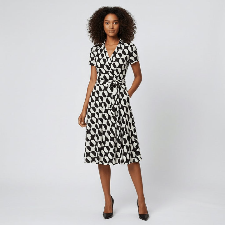 Damen Wickel-Midi-Kleid V-Ausschnitt Kurzarm A-Linie Bindegürtel - Geometric Multicolour