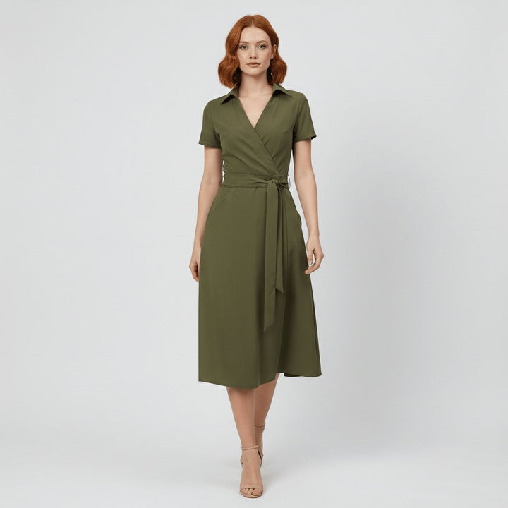 Damen Wickel-Midi-Kleid V-Ausschnitt Kurzarm A-Linie Bindegürtel
