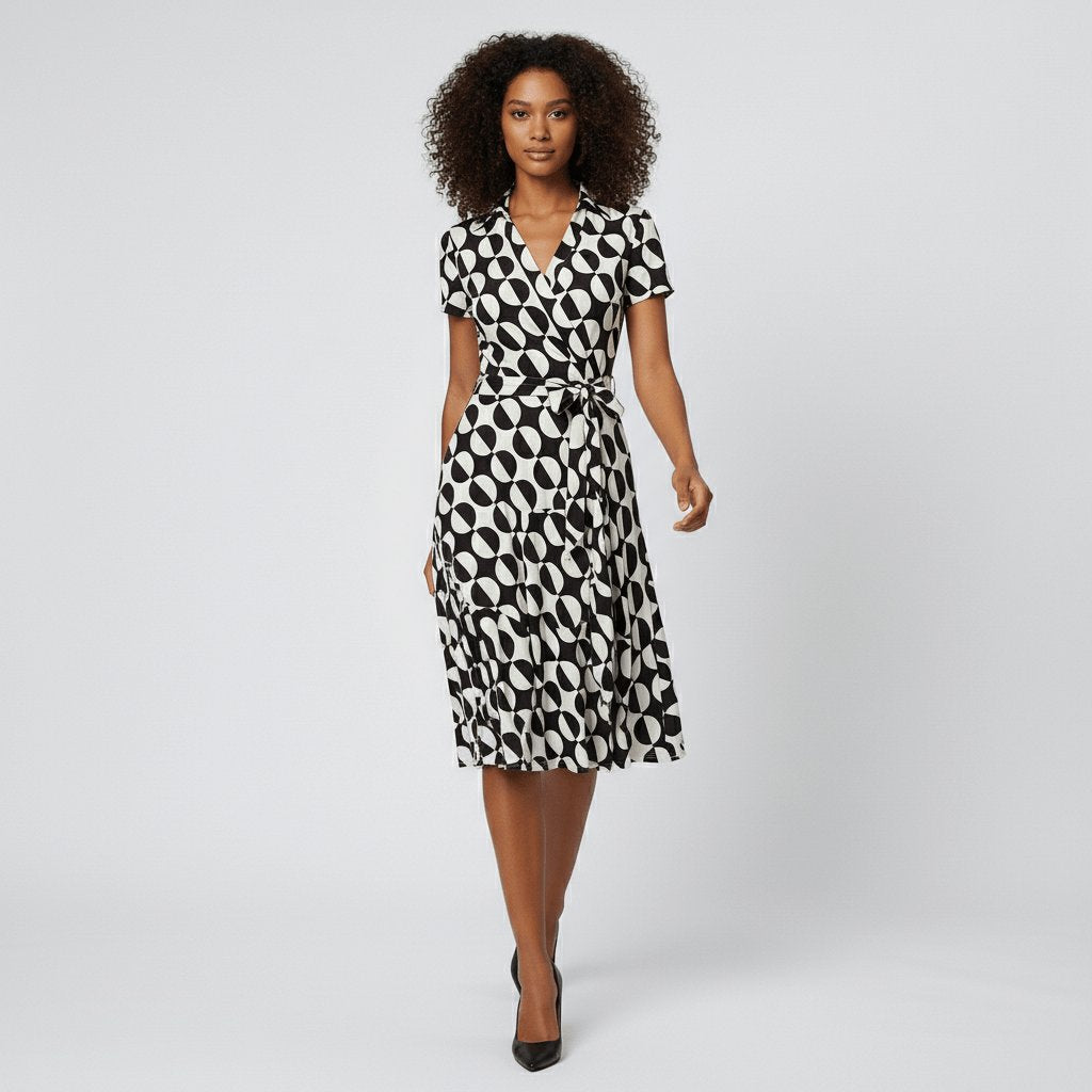 Damen Wickel-Midi-Kleid V-Ausschnitt Kurzarm A-Linie Bindegürtel