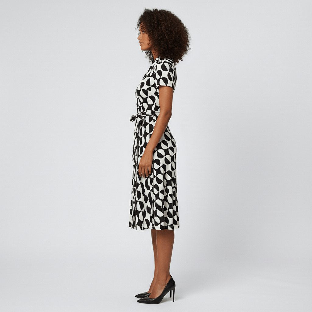 Damen Wickel-Midi-Kleid V-Ausschnitt Kurzarm A-Linie Bindegürtel