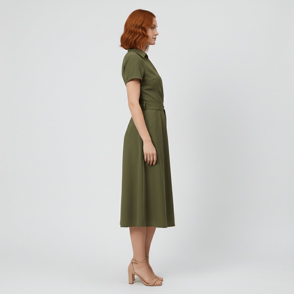 Damen Wickel-Midi-Kleid V-Ausschnitt Kurzarm A-Linie Bindegürtel