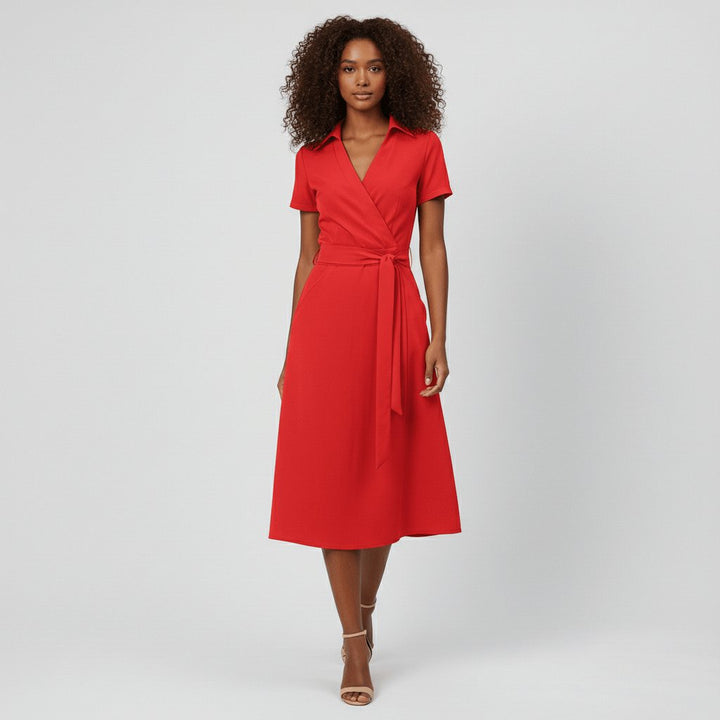 Damen Wickel-Midi-Kleid V-Ausschnitt Kurzarm A-Linie Bindegürtel - Classic Red
