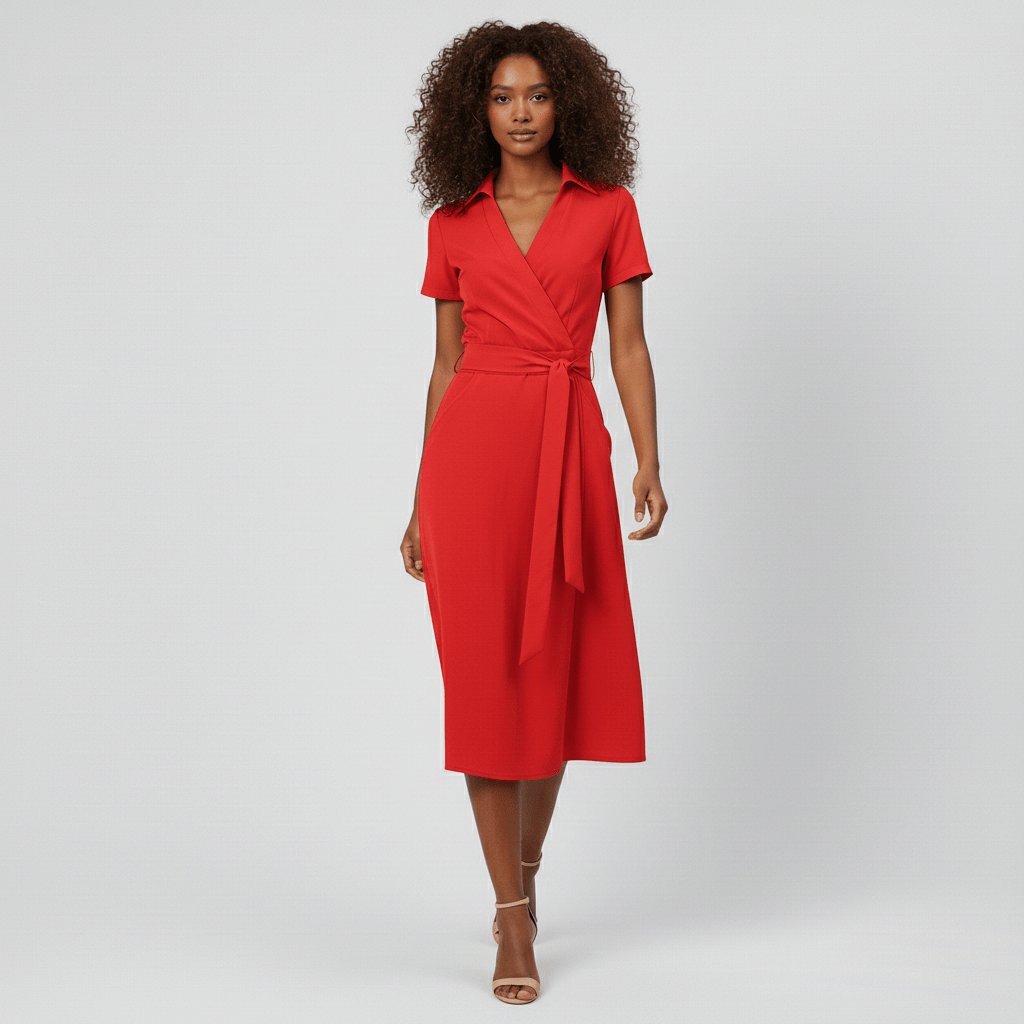 Damen Wickel-Midi-Kleid V-Ausschnitt Kurzarm A-Linie Bindegürtel