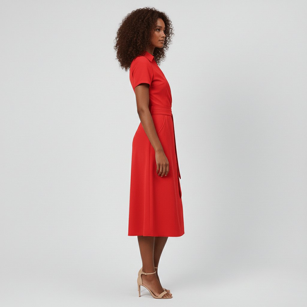 Damen Wickel-Midi-Kleid V-Ausschnitt Kurzarm A-Linie Bindegürtel