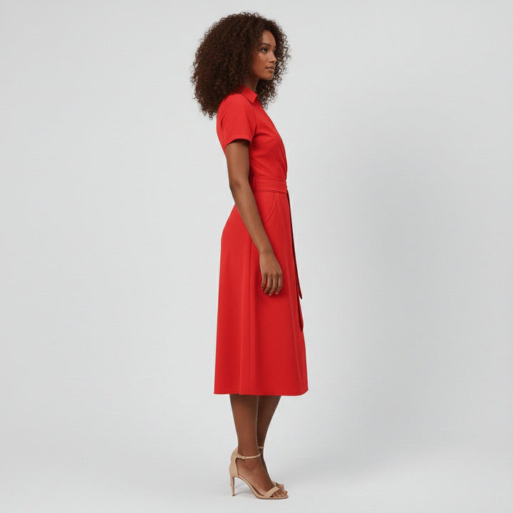 Damen Wickel-Midi-Kleid V-Ausschnitt Kurzarm A-Linie Bindegürtel