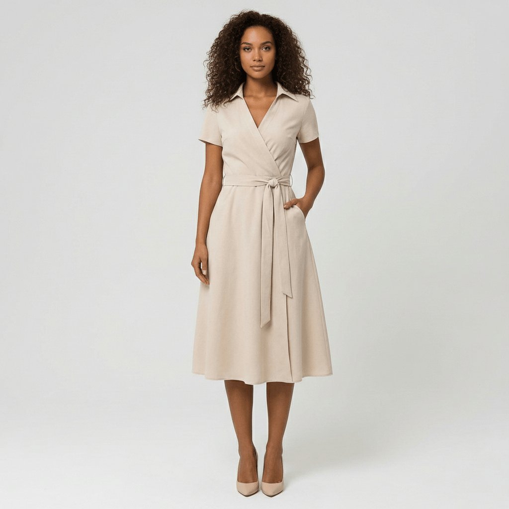 Damen Wickel-Midi-Kleid V-Ausschnitt Kurzarm A-Linie Bindegürtel - Pale Beige
