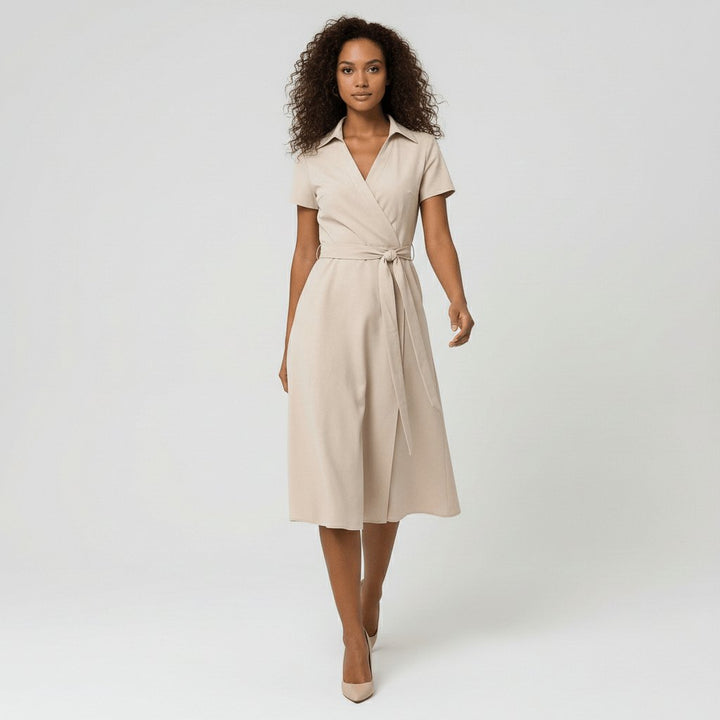 Damen Wickel-Midi-Kleid V-Ausschnitt Kurzarm A-Linie Bindegürtel