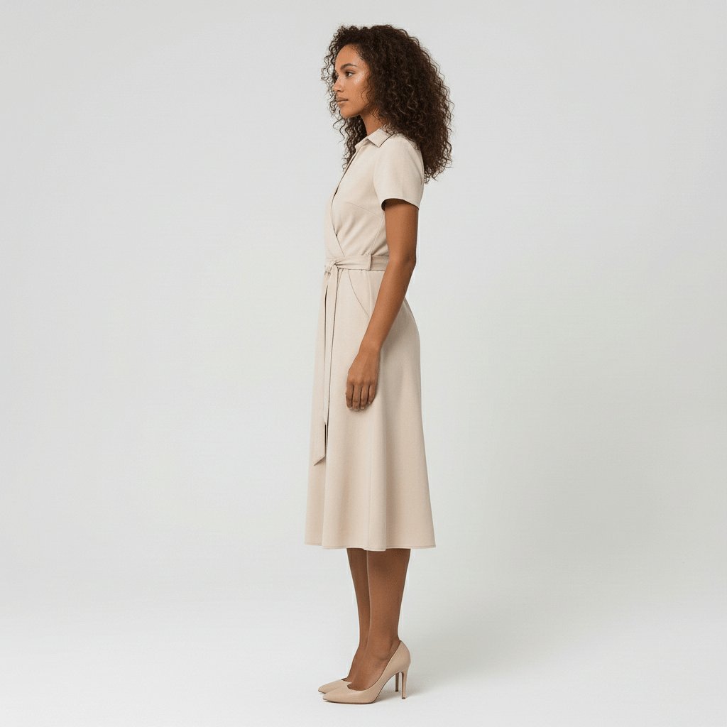 Damen Wickel-Midi-Kleid V-Ausschnitt Kurzarm A-Linie Bindegürtel
