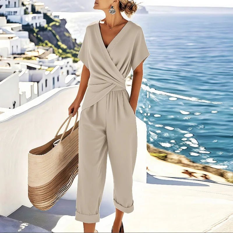 Damen Wickel-V-Ausschnitt Kurzarm Relaxed-Fit Jumpsuit - Apricot