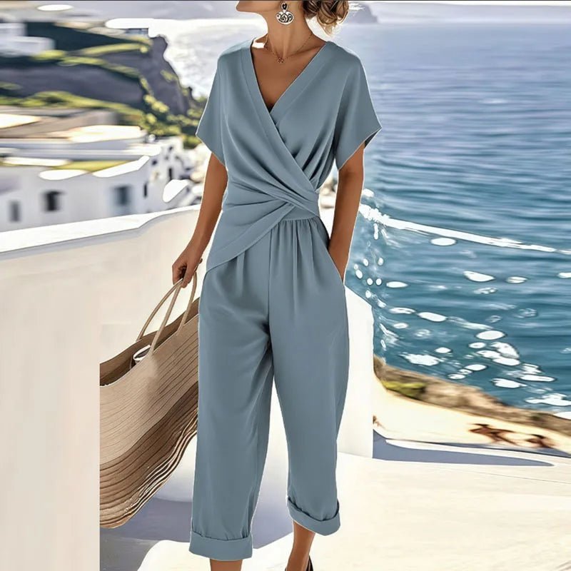 Damen Wickel-V-Ausschnitt Kurzarm Relaxed-Fit Jumpsuit - Blue