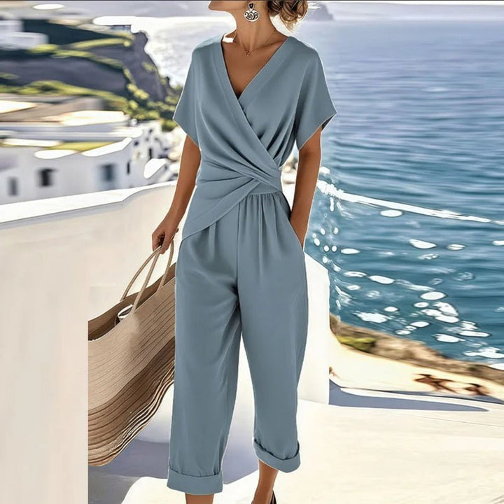 Damen Wickel-V-Ausschnitt Kurzarm Relaxed-Fit Jumpsuit - Blue